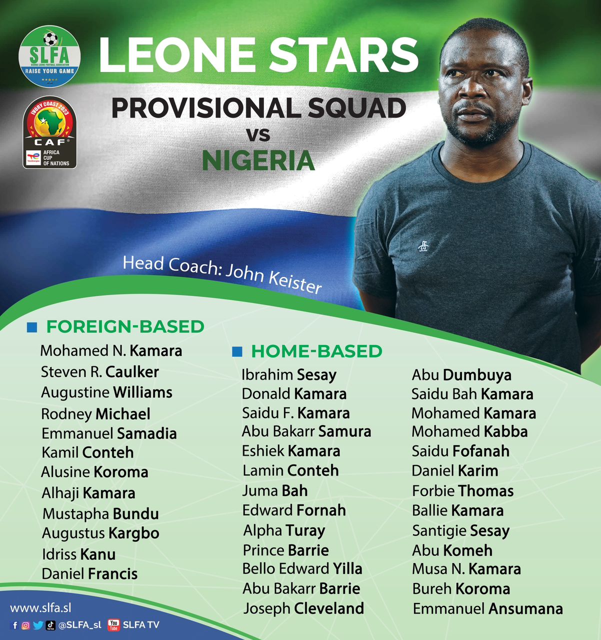 Provisional Leone Stars Squad (Sierra Leone vs. Nigeria) Sierra Leone